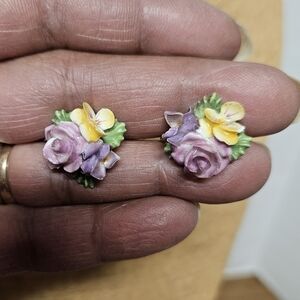 Vintage 50s English Bone China Floral Stud Screw-back Earrings